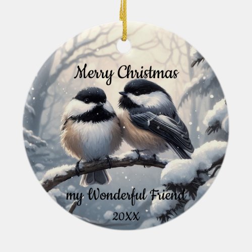 Custom Dated Christmas Friend Chickadee Birds Ceramic Ornament