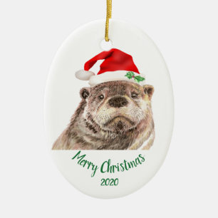 Custom Dated Christmas Fun Otter Santa Hat Animal Ceramic Ornament