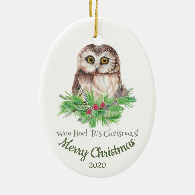Custom Dated Christmas Funny Owl Quote Ceramic Ornament (Back)