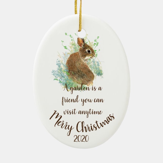 Custom Dated Christmas Gardening Quote Bunny Ceramic Ornament (Back)