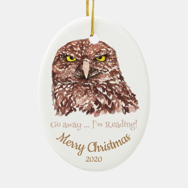 Custom Dated Christmas Go Away Reading Owl Fun Ceramic Ornament (Back)