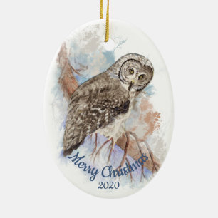 Custom Dated Christmas Great Grey Owl Bird Ceramic Ornament
