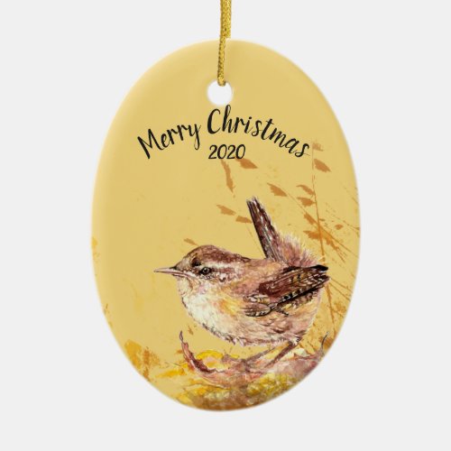 Custom Dated Christmas House Wren Bird Watercolor Ceramic Ornament