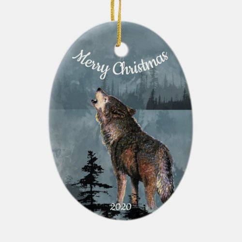 Custom Dated Christmas Howling Wolf Watercolor Art Ceramic Ornament