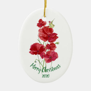 Custom Dated Christmas Hummingbird Red Poppies Ceramic Ornament