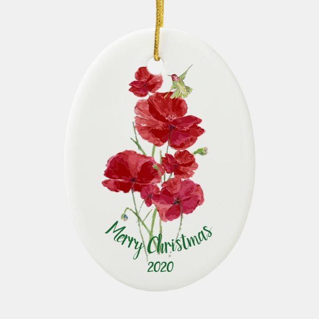 Custom Dated Christmas Hummingbird Red Poppies Ceramic Ornament (Front)