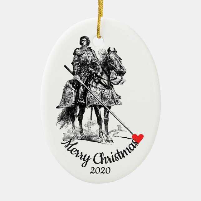 Custom Dated Christmas Knight in Shining Armor Fun Ceramic Ornament (Front)