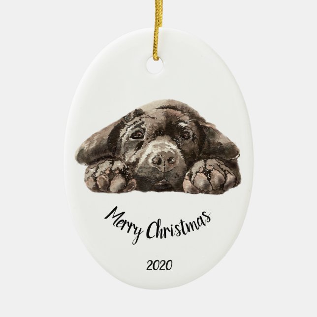 Custom Dated Christmas  Labrador Retriever Ceramic Ornament (Front)