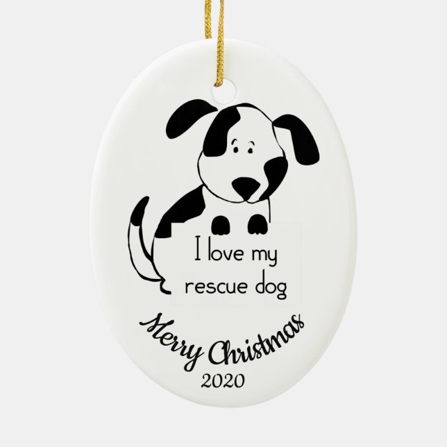 Custom Dated Christmas Love my Rescue Dog Quote Ceramic Ornament (Back)