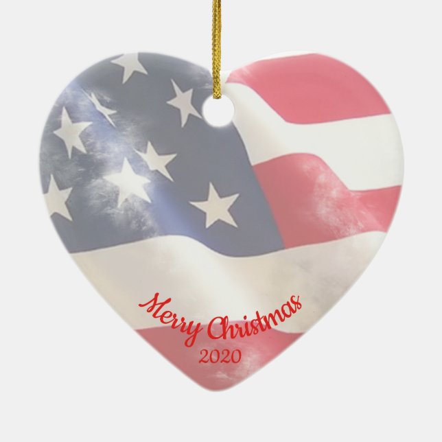 Custom Dated Christmas Love USA Flag Ceramic Ornament (Back)