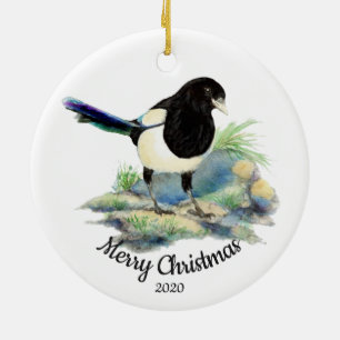 Custom Dated Christmas Magpie Garden Bird Ceramic Ornament