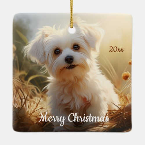 Custom Dated Christmas Maltese Dog Pet Animal Ceramic Ornament