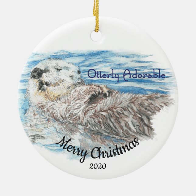 Custom Dated Christmas Otterly Adorable Otter Ceramic Ornament (Back)
