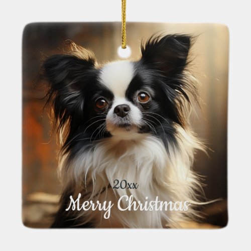 Custom Dated Christmas Papillon Dog Pet Animal Ceramic Ornament