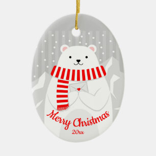 Custom Dated Christmas Polar Bear Cute Animal Ceramic Ornament