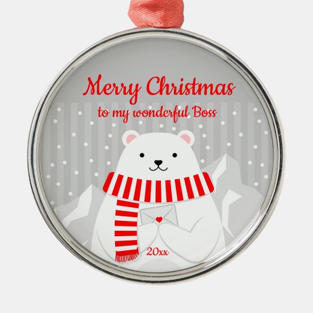 Custom Dated Christmas Polar Bear Cute Boss Metal Ornament (Front)