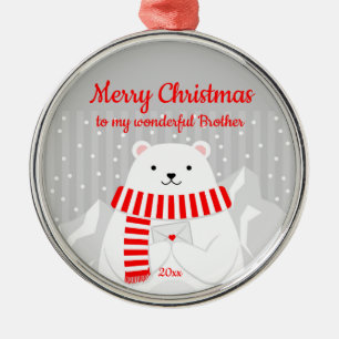 Custom Dated Christmas Polar Bear Cute Brother Metal Ornament