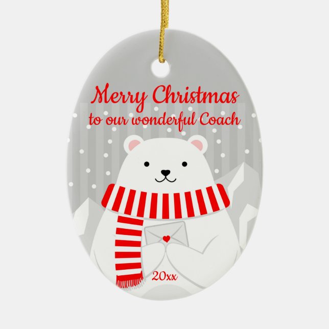 Custom Dated Christmas Polar Bear Cute Our Coach Ceramic Ornament (Front)