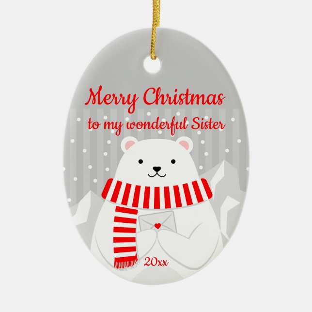 Custom Dated Christmas Polar Bear Cute Sister Ceramic Ornament (Front)