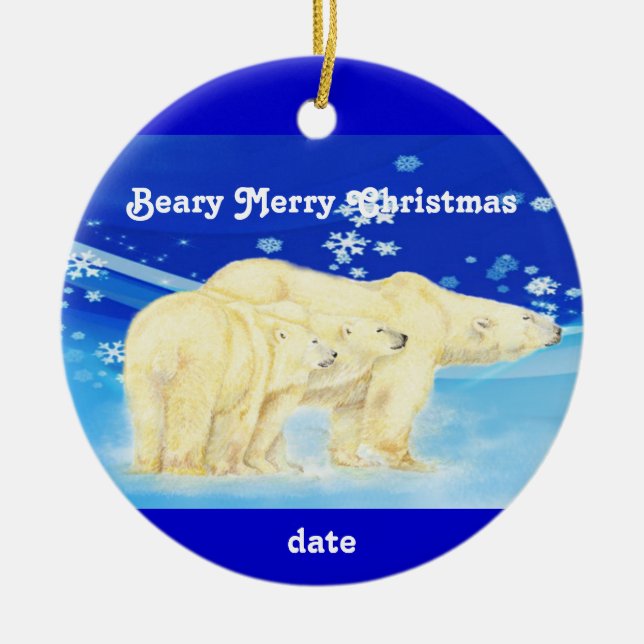 Custom Dated Christmas Polar Bears Fun Ceramic Ornament (Front)