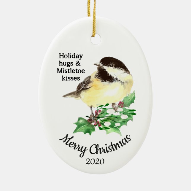 Custom Dated Christmas Quote Fun Chickadee Bird Ceramic Ornament (Back)