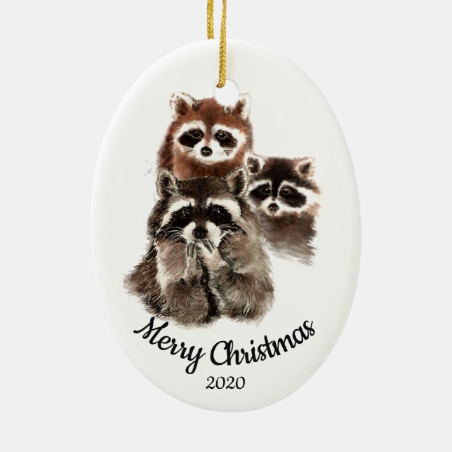 Custom Dated Christmas Raccoon Family Fun Ceramic Ornament (Back)