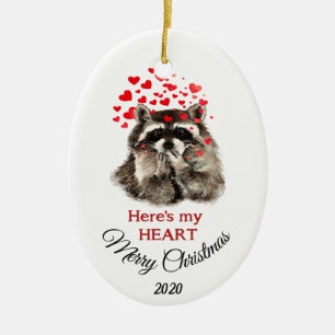 Custom Dated Christmas Raccoon Here's my Heart Ceramic Ornament