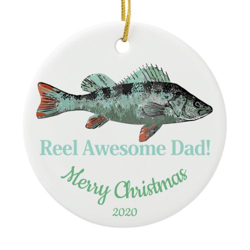Custom Dated Christmas Reel Awesome Dad Fisherman Ceramic Ornament