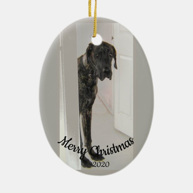 Custom Dated Christmas Sad Looking Great Dane Dog Ceramic Ornament (Back)