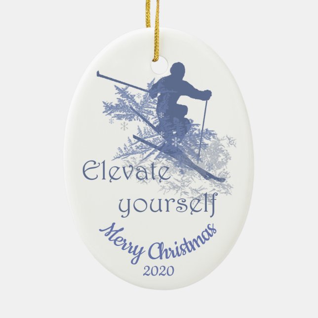 Custom Dated Christmas Skiing Quote Inspirational Ceramic Ornament (Back)