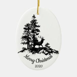 Custom Dated Christmas Stag Deer in Forest Ceramic Ornament