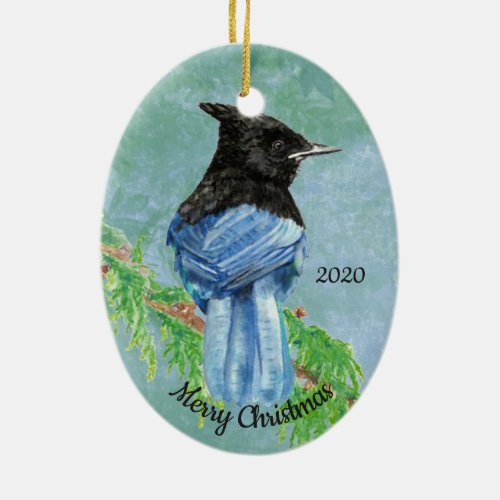 Custom Dated Christmas Stellar Jay Bird Art Ceramic Ornament