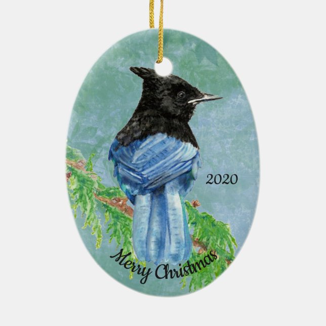 Custom Dated Christmas Stellar Jay Bird Art Ceramic Ornament (Back)