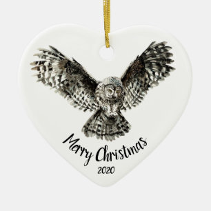 Custom Dated Christmas Striking Owl Bird Ceramic Ornament