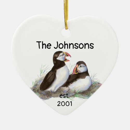 Custom Dated Christmas Together Puffins Bird Ceramic Ornament