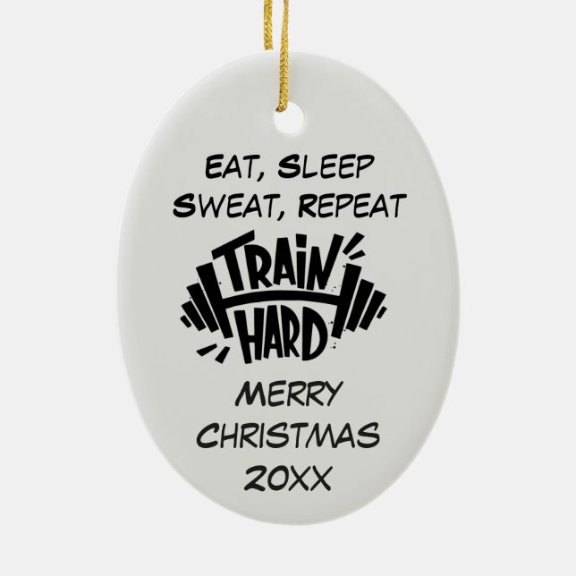 Custom Dated Christmas Train Hard Repeat Quote Ceramic Ornament (Back)