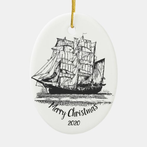 Custom Dated Christmas Vintage Sailing ship Art Ceramic Ornament