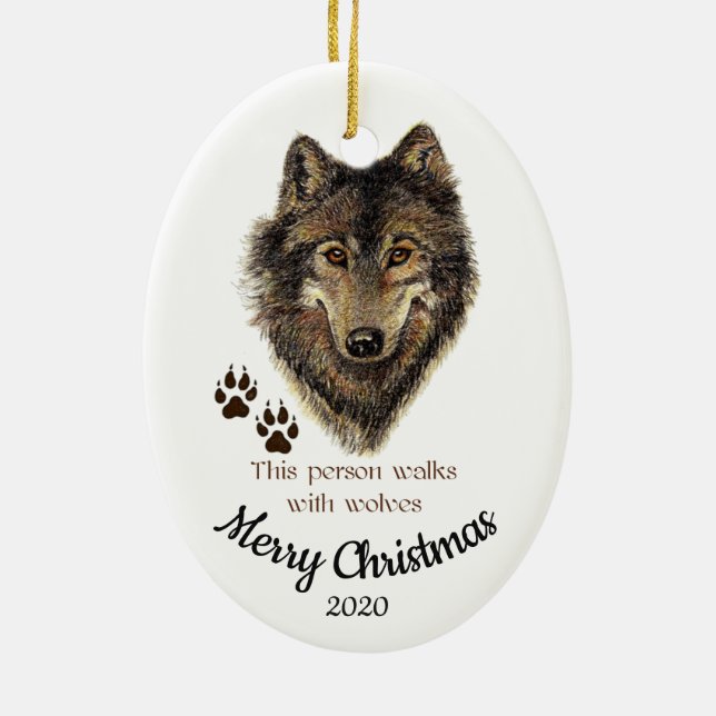 Custom Dated Christmas Walks with Wolves Quote Ceramic Ornament (Back)