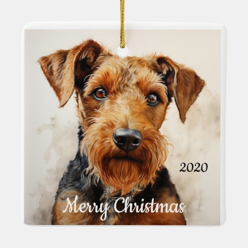 Custom Dated Christmas Watercolor Airedale Terrier Ceramic Ornament