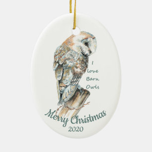 Custom Dated Christmas Watercolor Barn Owl Bird Ceramic Ornament