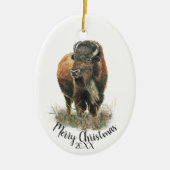 Custom Dated Christmas Watercolor Bison Buffalo Ce Ceramic Ornament (Front)
