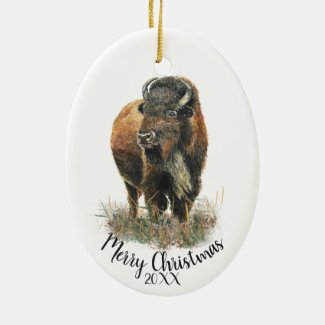 Custom Dated Christmas Watercolor Bison Buffalo Ce Ceramic Ornament