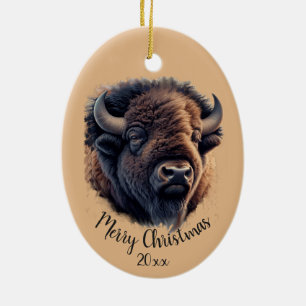 Custom Dated Christmas Watercolor Bison Buffalo Ceramic Ornament