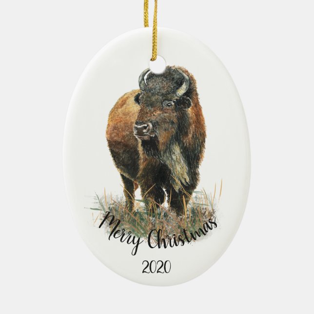 Custom Dated Christmas Watercolor Bison Buffalo Ceramic Ornament (Back)