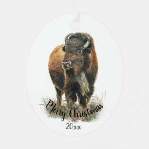 Custom Dated Christmas Watercolor Bison Buffalo  Metal Ornament