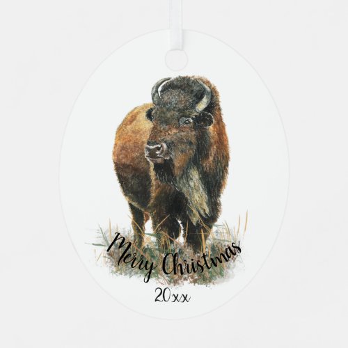 Custom Dated Christmas Watercolor Bison Buffalo  Metal Ornament