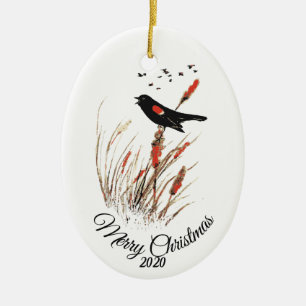 Custom Dated Christmas Watercolor Blackbird Birds Ceramic Ornament