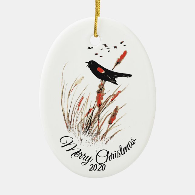 Custom Dated Christmas Watercolor Blackbird Birds Ceramic Ornament (Front)