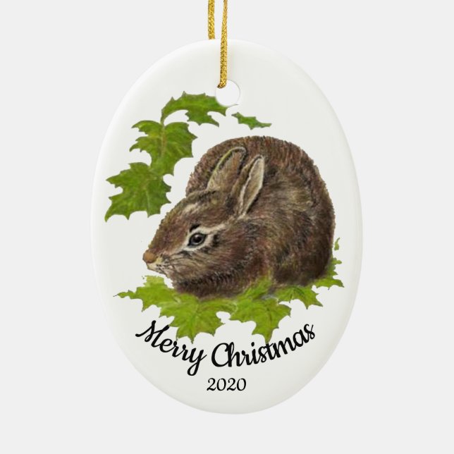 Custom Dated Christmas Watercolor Bunny Rabbit Ceramic Ornament (Back)