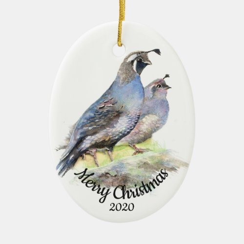 Custom Dated Christmas Watercolor California Quail Ceramic Ornament